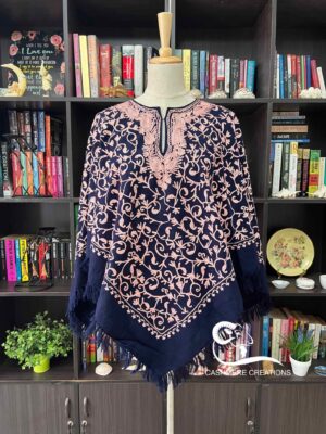 Navy Blue Paisley Embroidered Woollen Poncho