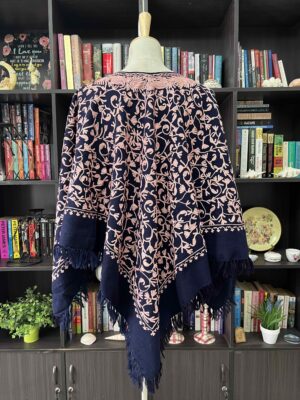 Navy Blue Paisley Embroidered Woollen Poncho