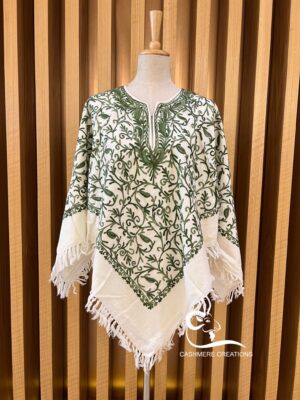 White Paisley Embroidered Woollen Poncho